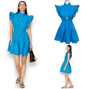 🍀 Line and Dot Women's Celeste Mini Dress Blue Ruffle Cotton Tiered Cutout XS
